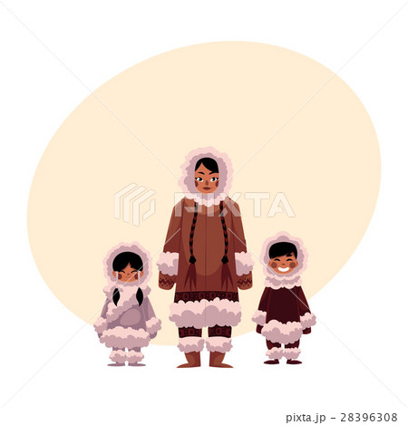 Eskimo, Inuit woman with two kids in warm winter 28396308