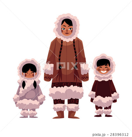 Eskimo Inuit Woman With Two Kids In Warm Winterのイラスト素材