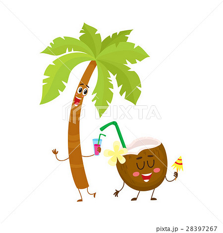 Funny palm tree and coconut characters, travelling Funny palm tree and coconut characters, travelling 28397267