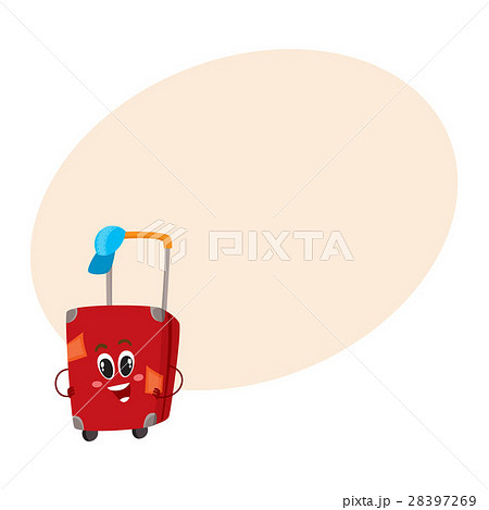 Big red suitcase character with many labels Big red suitcase character with many labels 28397269
