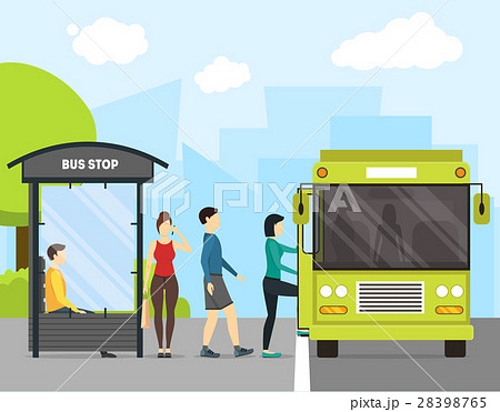 Cartoon Bus Stop With Transport And People Vectorのイラスト素材