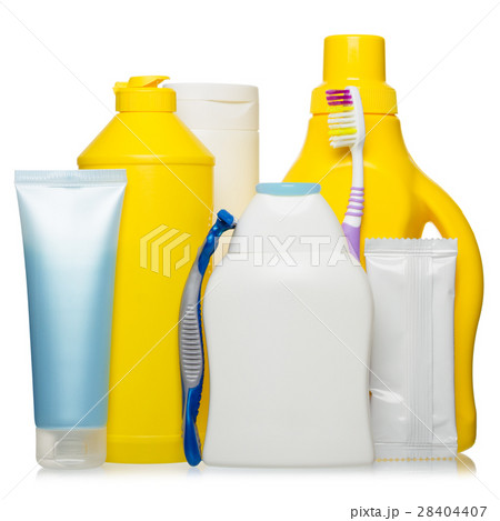 Healthcare, hygiene and cleaning products in plastic containers isolated on white background 28404407