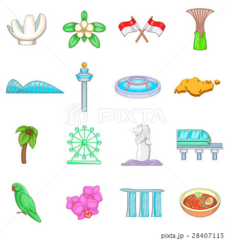 Singapore Travel Icons Set Cartoon Styleのイラスト素材