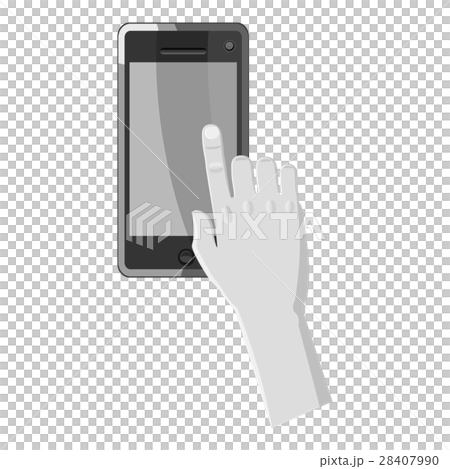Hand works on phone icon, gray monochrome style 28407990