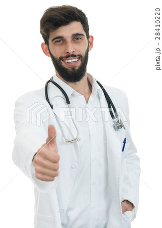 friendly male doctor with open hand ready for friendly male doctor with open hand ready for 28410220
