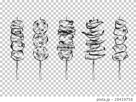 焼き鳥のイラスト素材 串焼き5本セット 白黒のイラスト素材