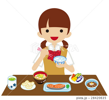 和食の朝食を食べる女子高校生のイラスト素材