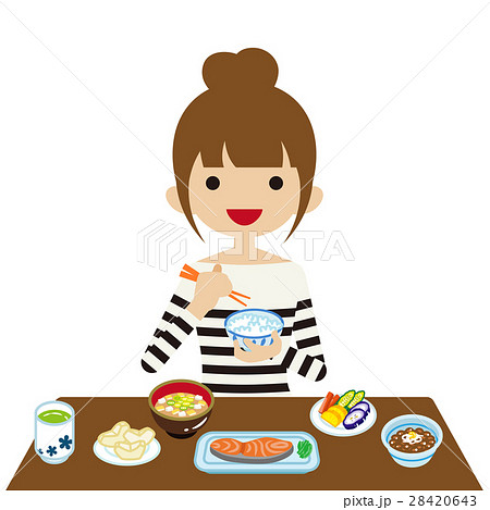 和食の朝食を食べる若い女性のイラスト素材