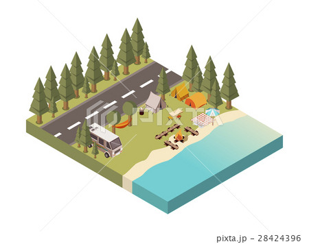 Camp Between Road And Lake Illustration 28424396