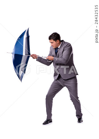 The businessman with umbrella isolated on white The businessman with umbrella isolated on white 28432535