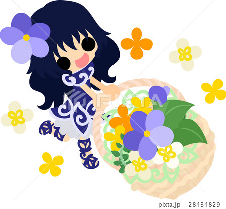 可愛い女の子とスミレと花かごのイラストのイラスト素材