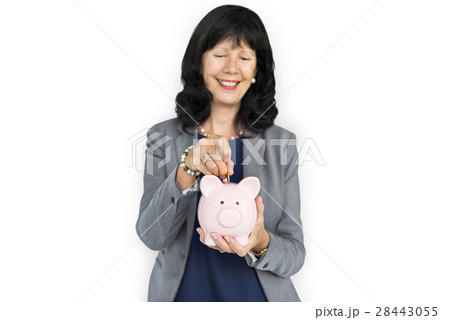 Businesswoman Smiling Happiness Piggy Bank Savings Businesswoman Smiling Happiness Piggy Bank Savings 28443055