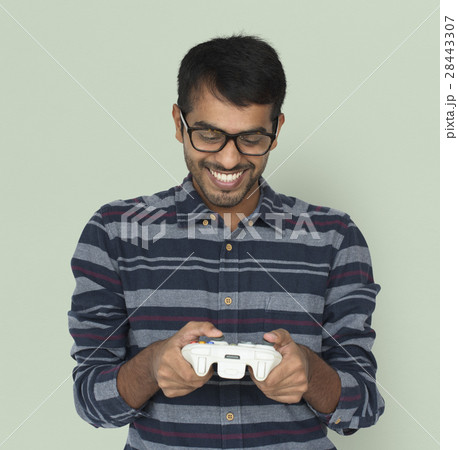 Indian Man Game Controller Console Cheerful Concept Indian Man Game Controller Console Cheerful Concept 28443307