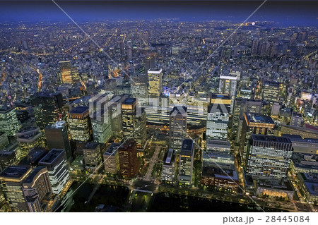 東京駅夜景 丸の内周辺空撮の写真素材