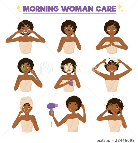 Afro American Woman Morning Routine Icon Set 28446698