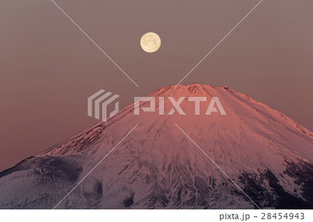 箱根・矢倉岳から見る朝焼けの富士山と満月 28454943