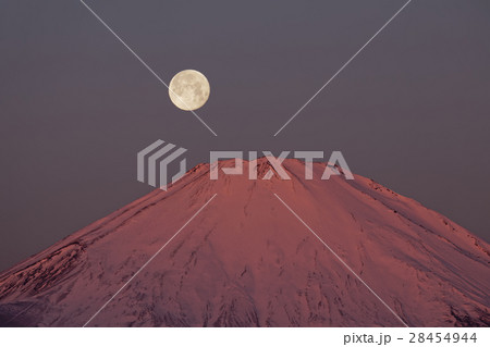 箱根・矢倉岳から見る朝焼けの富士山と満月 箱根・矢倉岳から見る朝焼けの富士山と満月 28454944