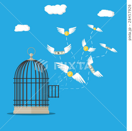 Open cage with flying dollar bills and coins 28457926