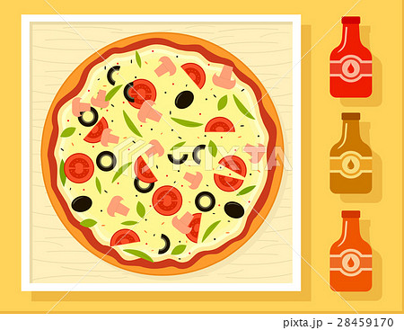 Pizza In A Box And Sauce Bottles Setのイラスト素材