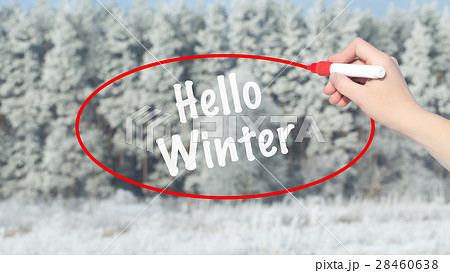 Woman Hand Writing Hello Winter with marker Woman Hand Writing Hello Winter with marker 28460638