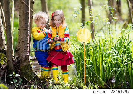 Children playing outdoors catching frog 28461297