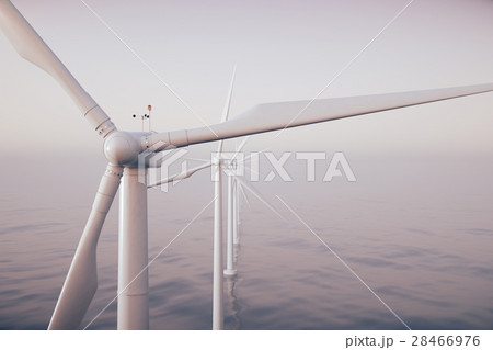 Sunset wind turbines in sea, ocean. Clean energy 28466976