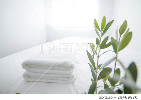 白で統一された清潔感のあるホテルのベッド 白で統一された清潔感のあるホテルのベッド 28469830