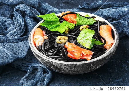 black pasta with mussels and trout 28470761