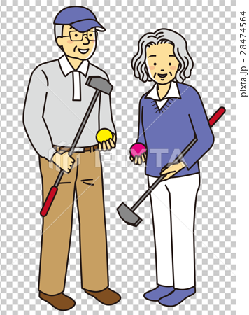 グランド ゴルフをするおじいさんおばあさんのイラスト素材