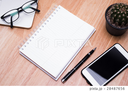 blank notebook with pen on wooden table,  28487656