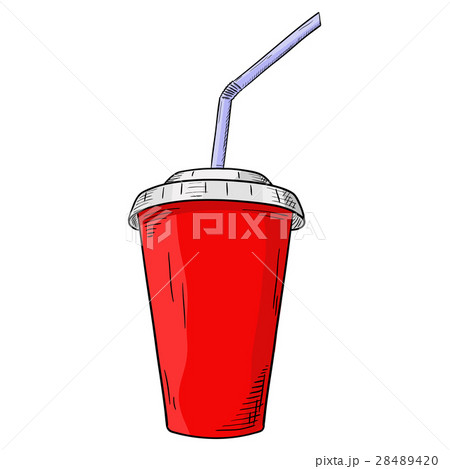 Paper cup with lid and drinking straw. Hand drawn 28489420