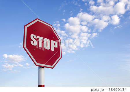 the white stop text in traffic sign  28490134