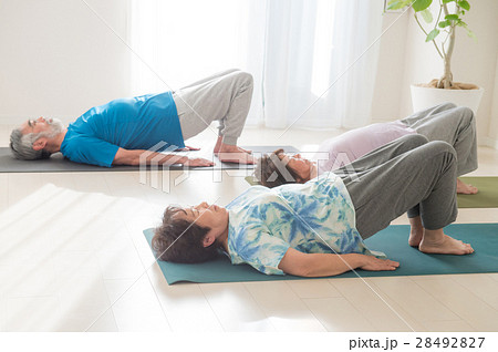 ヨガをする元気な日本人シニア男女 ヨガをする元気な日本人シニア男女 28492827