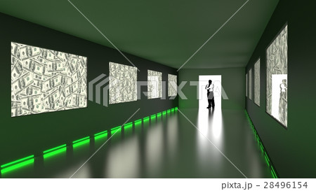 Businessman enters dark room with dollar screens Businessman enters dark room with dollar screens 28496154