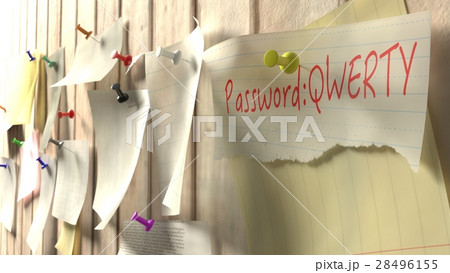 Note with password qwerty on a wooden kitchen wall 28496155