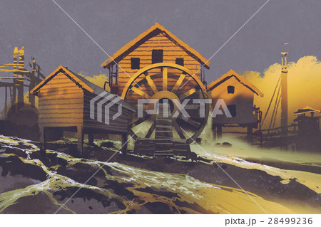 wooden house with a waterwheel on mountain rock 28499236