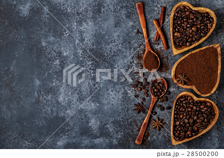 Top view of coffee beans, ground coffee and spices Top view of coffee beans, ground coffee and spices 28500200