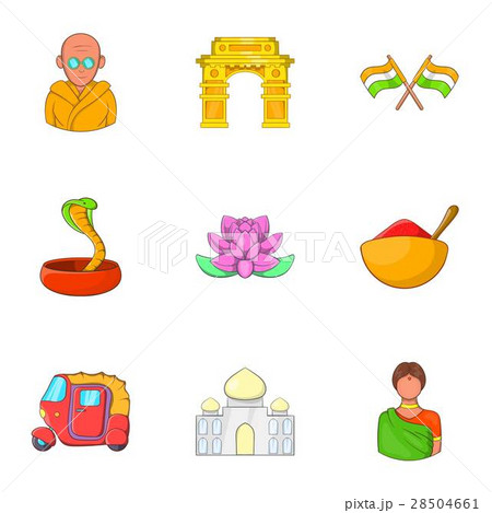 Stay in India icons set, cartoon style 28504661