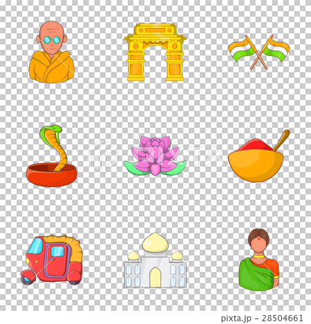 Stay in India icons set, cartoon style 28504661
