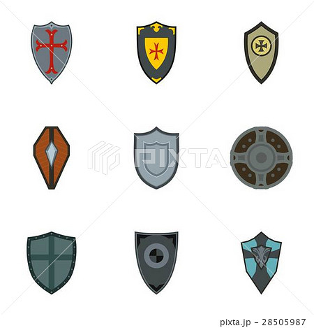 Protective shield icons set, flat style 28505987