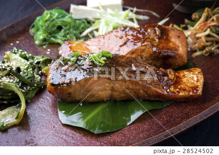Salmon Teriyaki with Vegetable on Tray 28524502