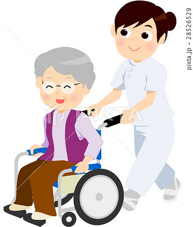 車いすのおばあちゃんと看護師のイラスト素材