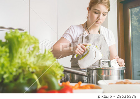 Woman uses a mixer to prepare a meal. Woman uses a mixer to prepare a meal. 28526578