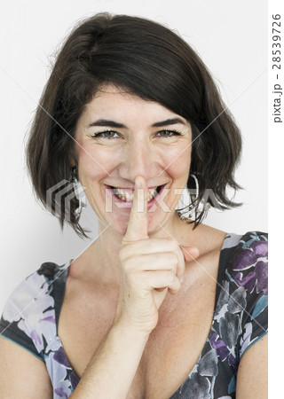 Caucasian Lady Smiling Hand Gesture Keep Quiet Caucasian Lady Smiling Hand Gesture Keep Quiet 28539726
