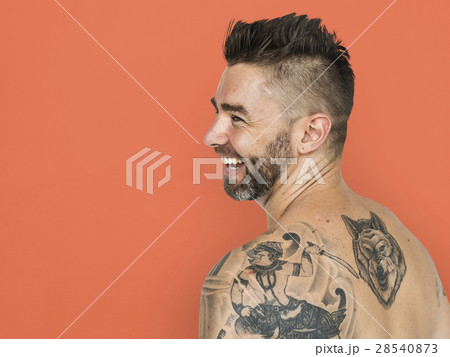 Caucasian Man Back Tattoo Smiling 28540873