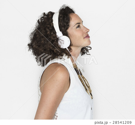 Caucasian Woman Listening Headphones 28541209