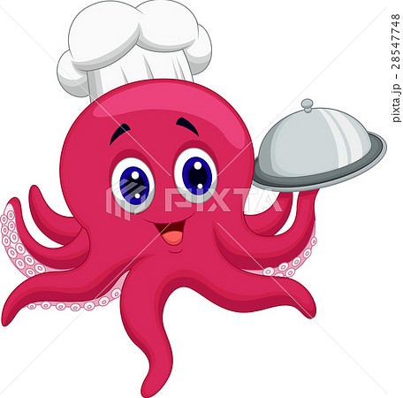 Octopus chef cartoon holding platters 28547748