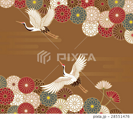 菊と鶴の伝統的な和柄のイラスト素材
