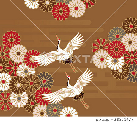 菊と鶴の伝統的な和柄のイラスト素材