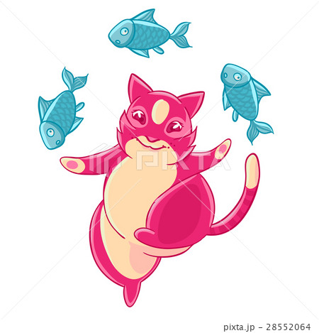 Cute pink cat smiling and juggling fish. 28552064